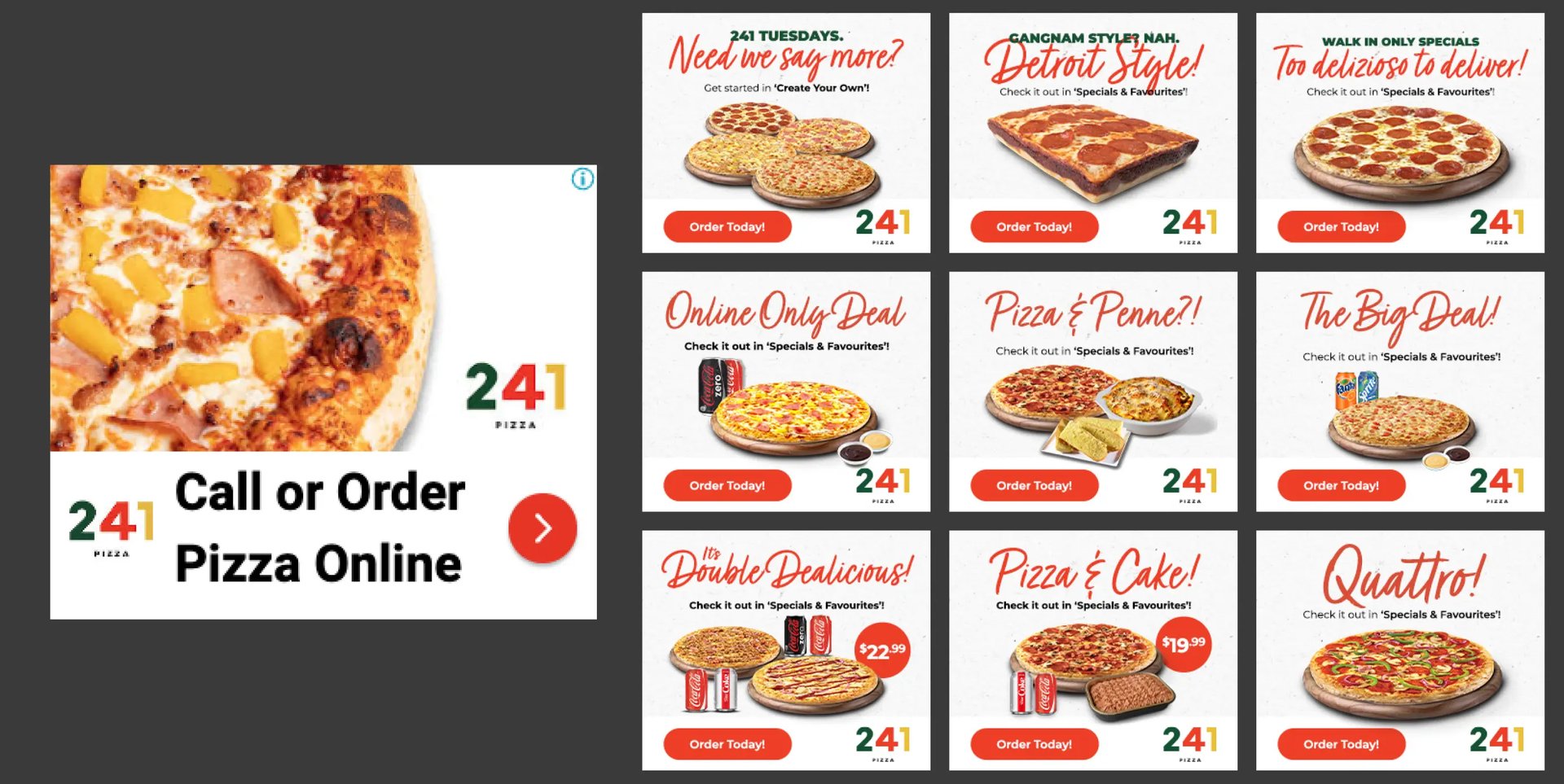 A side-by-side comparison: on one side, a traditional digital display ad, and 4 similar ads with different creative and CTA’s